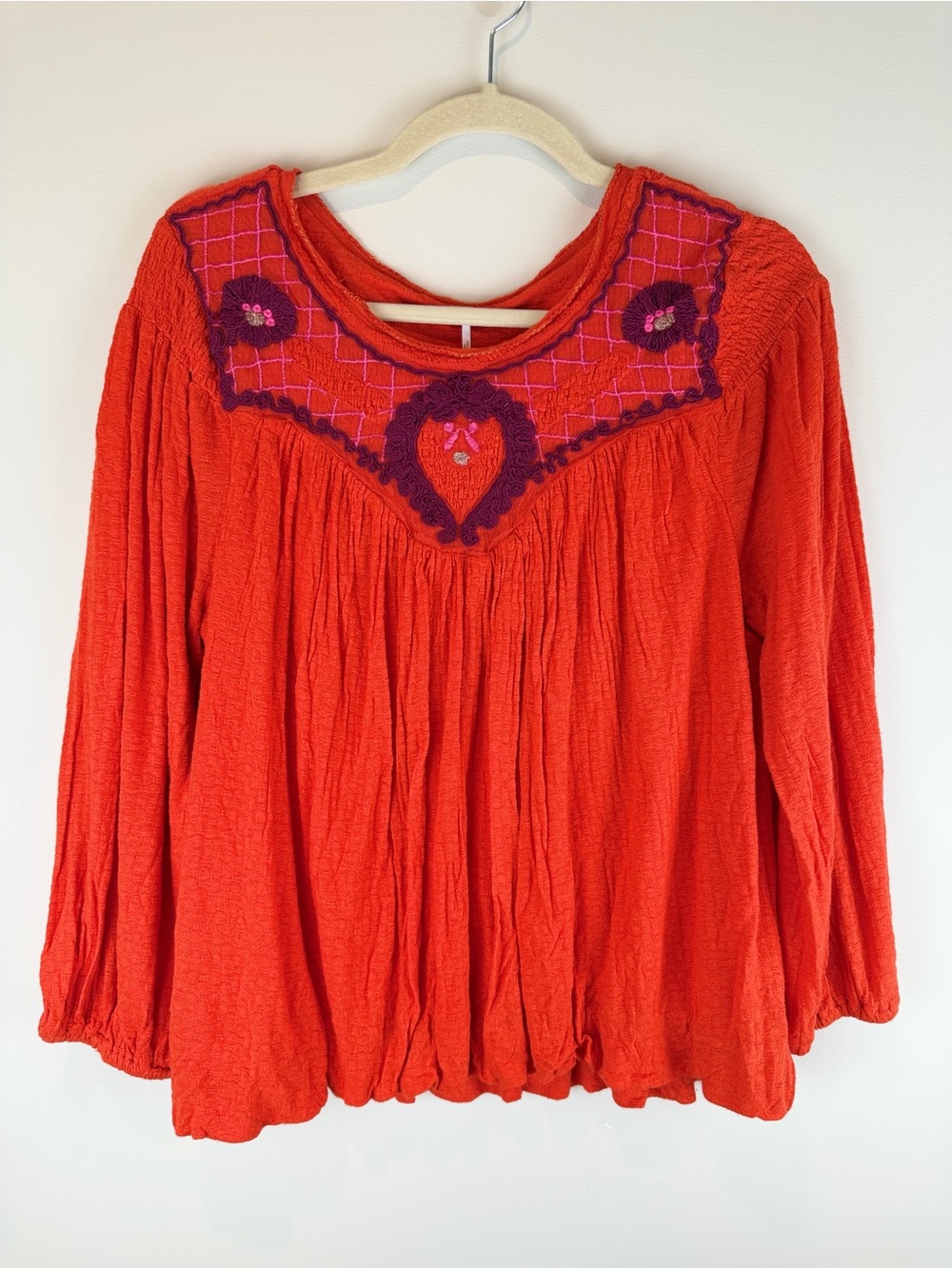 NWT Free People Bright Red Embroidered Peasant Blouse Size Medium